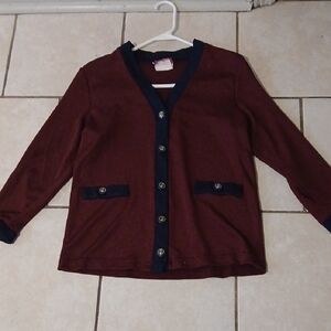 VINTAGE Womens Size 12  Burgundy Shimmer Button Down Cardigan with Navy Trim